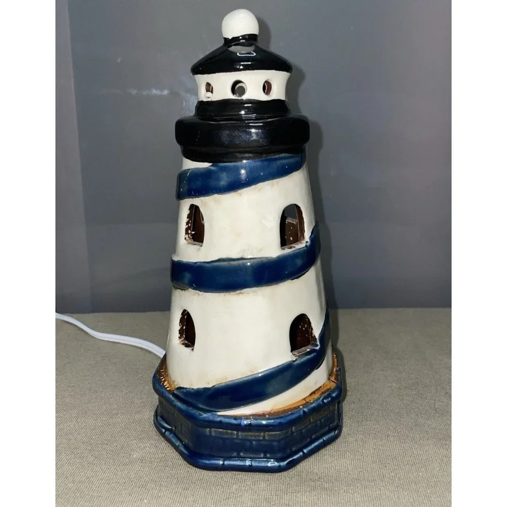 Lighthouse Nautical Spiral Hand Painted Ceramic Vintage Nightlight Light 7”